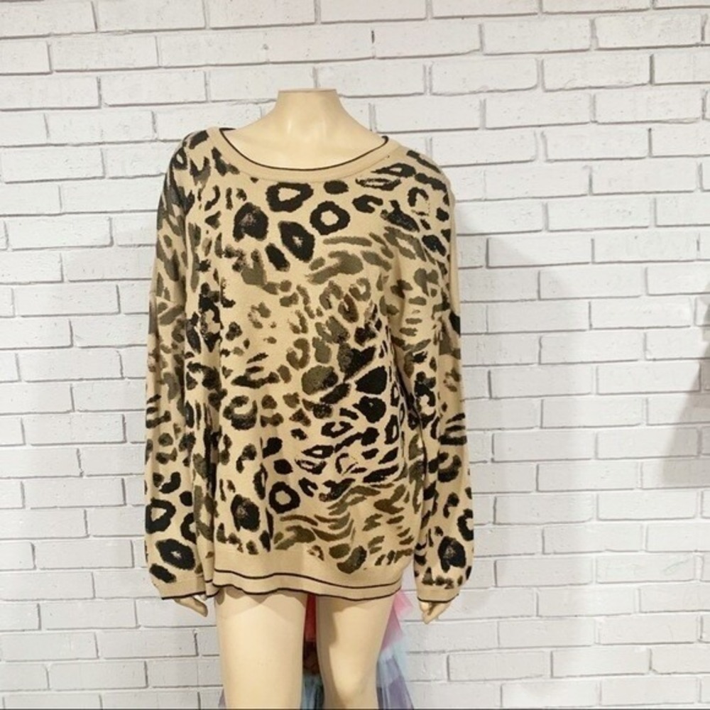 Rachel Rachel Roy Leopard Print Oversized Knit Pullover Sweater Tan Black NWT 1X